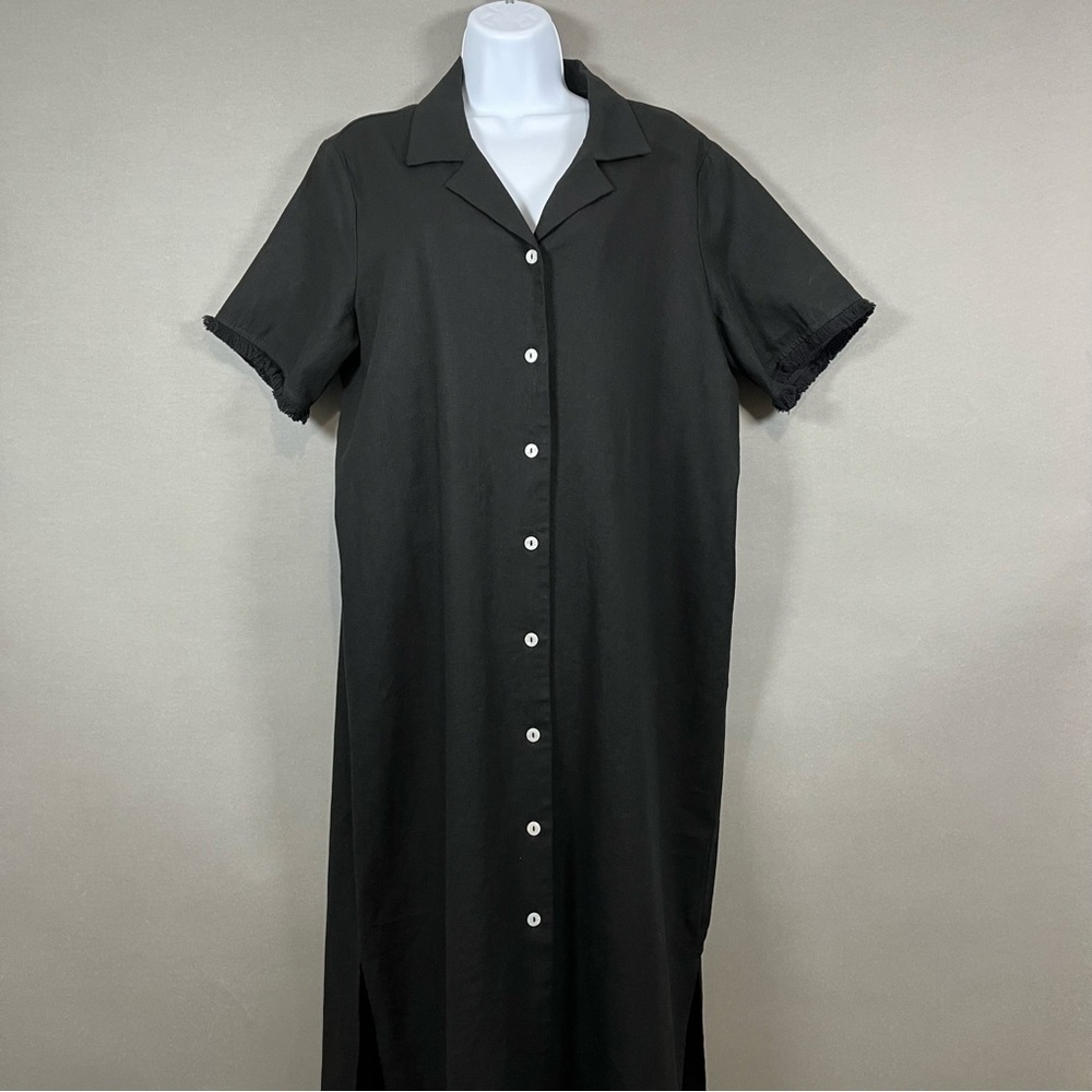 Forcynthia Black Linen Blend Button Short Sleeve Maxi Dress